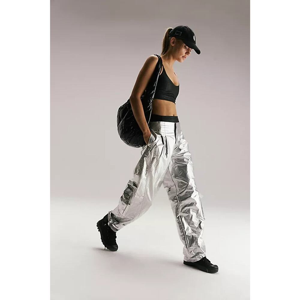 Free People Y2K Pockets Cargo Wide Mesmerize Me Preppy Pants Metallic M A004045 - Picture 3 of 12